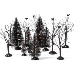 17 Pcs Halloween Village Accessories Set - 8 Black Pine and 8 Bare Branch Trees with 9.84 ft LED Orange Light - Battery Operated Village Tabletop Displays Spooky Tree for Party Table Decor