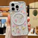 Cute Real Flowers for iPhone 16 Pro Case [Compatible with MagSafe] Glitter Magnetic Cover with Pressed Dried Floral Phone Case for Girly and Women - Clear Sparkly