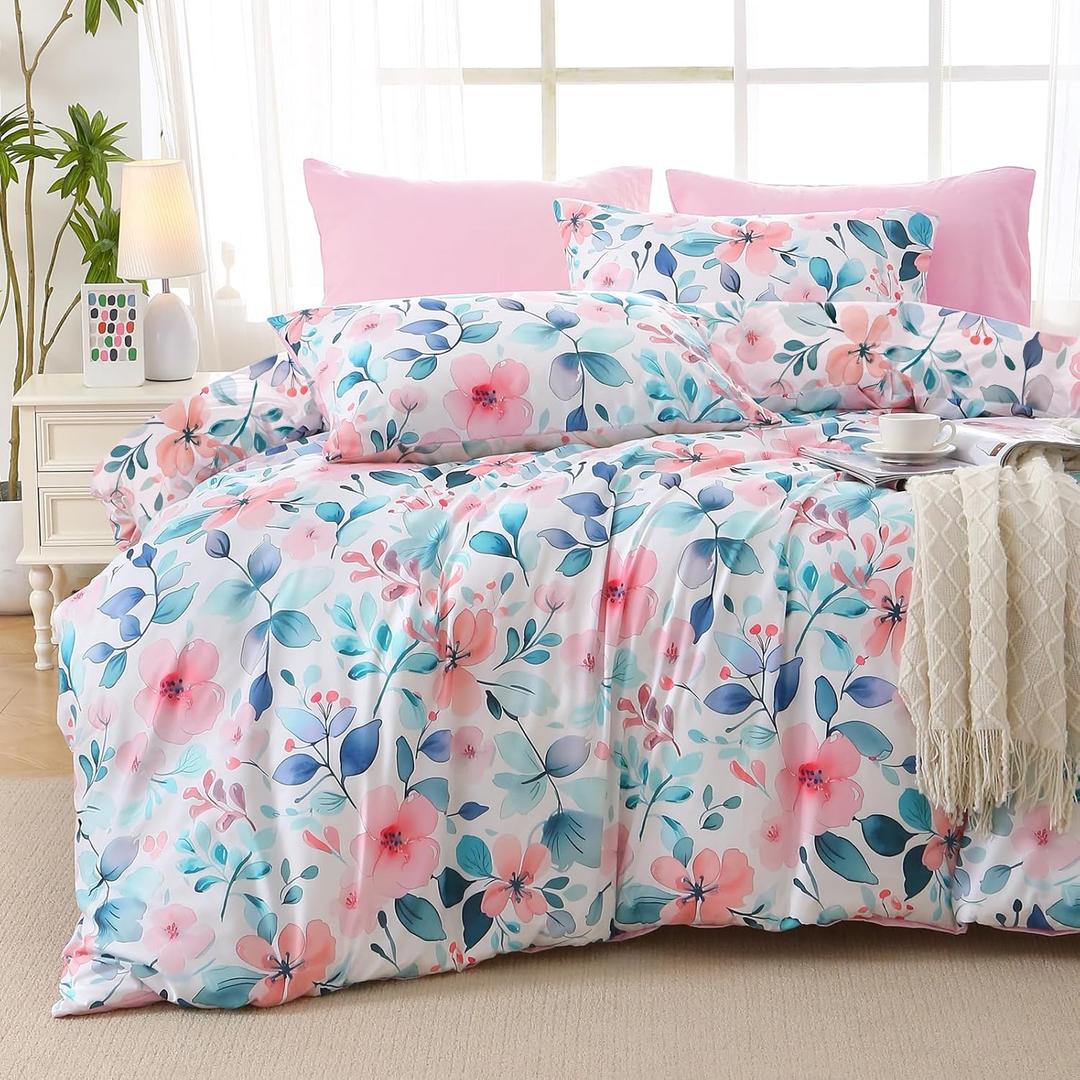 MUXHOMO Pink Blue Branch Bed in a Bag Queen 7 Pieces, Queen Comforter Set Reversible Botanical Flowers Design, Ultra Soft & Breathable Bedding Sets with Comforter, Sheets, Pillowcases & Shams
