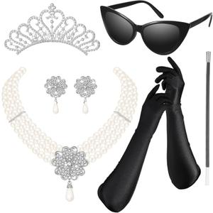 BBTO 6 Pieces 1920s Accessories for Women Costume Set Pearl Dangle Pendant Necklace Earrings