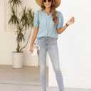 CiCiBird Women Button Down Print Shirt Summer Casual V Neck Tops Trendy Dressy Short Puff Sleeve Blouse (Blue, L)