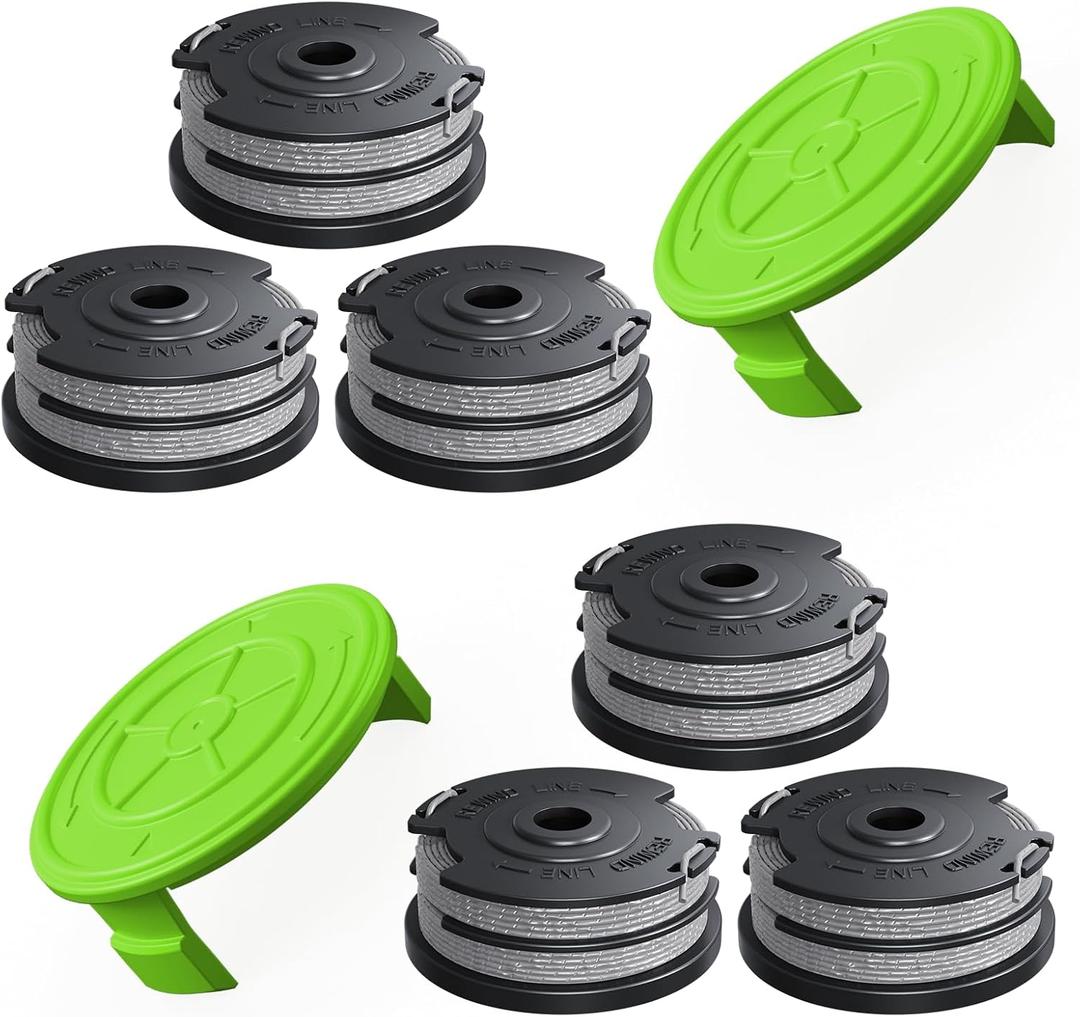 YWTESCH 8 Pack Weed Wacker String Fit for Greenworks String Trimmer, 0.065"-18Ft Dual String Trimmer Line Auto-Feed Weed Eater String Replacement Parts Spool(6-Pack) Cap Cover(2-Pack)