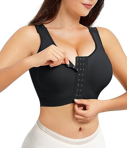 Wonderience Post-Surgical Bra Wide Adjustable Straps with Front Closure Wirefree (Medium, Black-9 Clasps)