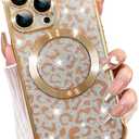 Fiyart Designed for iPhone 13 Pro Case,Compatible with MagSafe Cheetah Print Plating Camera Protection Magnetic Clear Glitter Leopard Print Shockproof Phone Bumper for Women Girls 6.1"-Gold