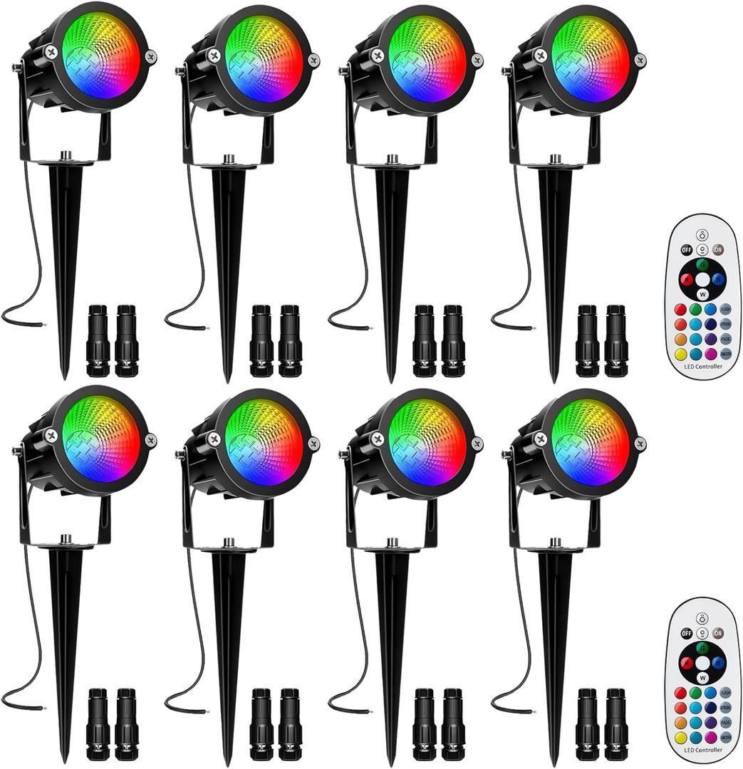 RGBW Low Voltage Landscape Lights, 10W 12/24V Color Changing Landscape Lighting with Remote, IP65 Waterproof Outdoor LED Spotlight for Garden Christmas Halloween, 8 Pack with Connectors