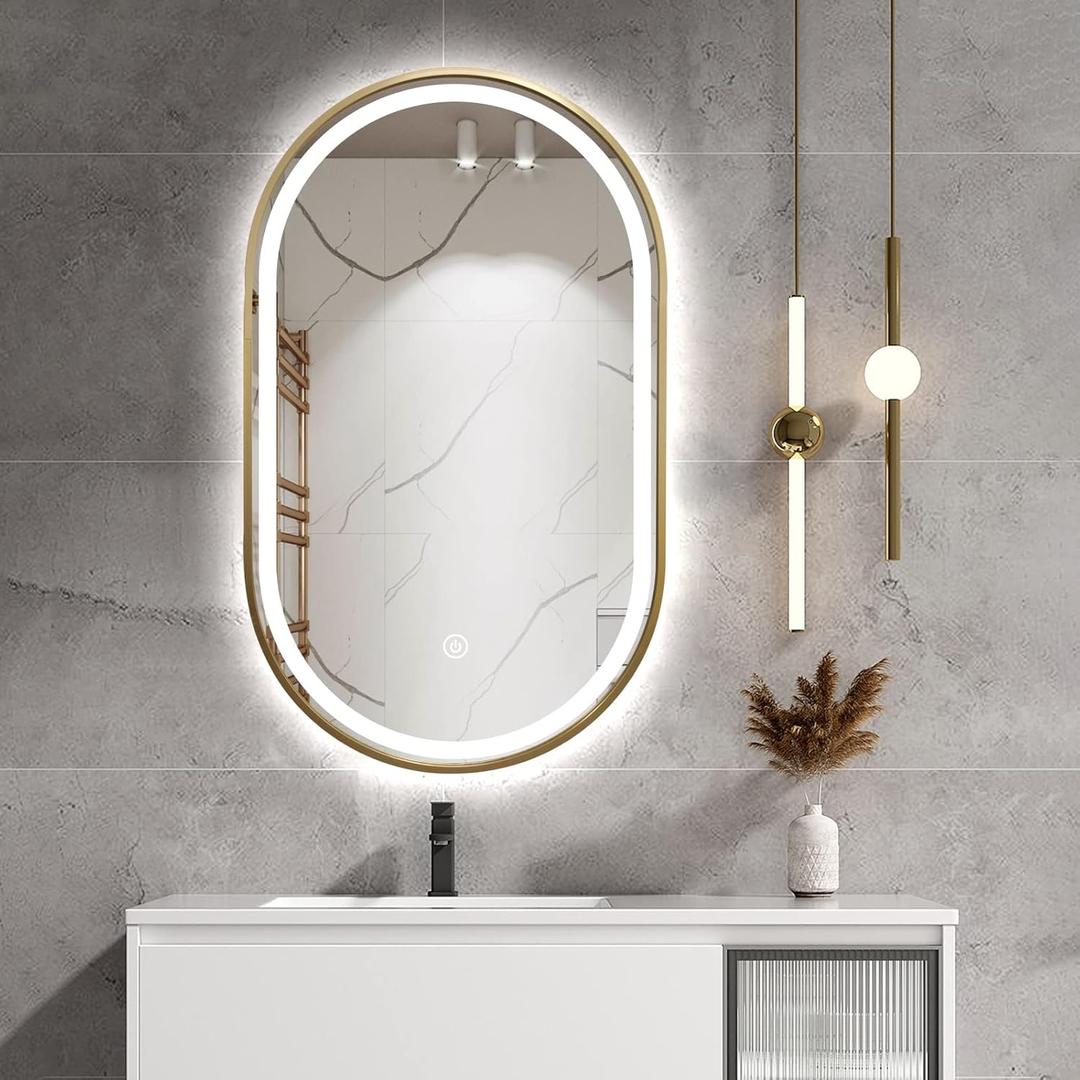 33"x20" Oval LED Bathroom Mirror, Oval Lighted Vanity Bathroom Mirror with Gold Frame Anti Fog Smart Mirror with 3 Colors Dimmable for Makeup, Frontlit, Waterproof Horizontal/Vertical