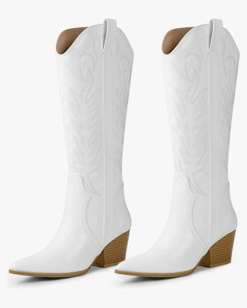 Arromic Cowboy Boots for Women Comfortable Womens Embroidered Western Cowgirl Knee High Boots Pointed Toe Zipper Chunky Heel Country Outfit Retro Tall Boots White 10