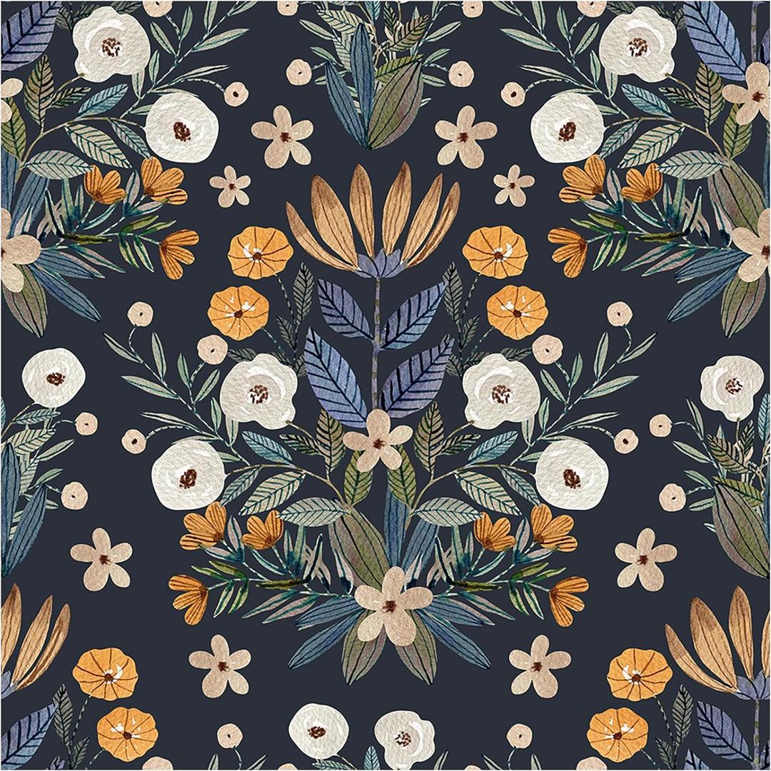 Floralplus Peel and Stick Wallpaper Boho Removable Wallpaper for Bathroom Dark Floral Wallpapers Adhesive Leaf Floral Contact Paper for Renter Wall Decor Vinyl Forest Wall Paper 118 x 17.5 in (Blue)