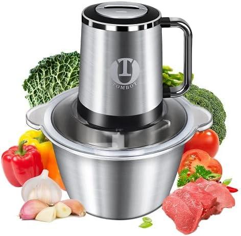 Meat Grinder Food Processor Chopper Electric Small with Safety Handle, TOMBOT 8-Cup Mini Blender for Meat Vegetables Fruits Nuts Puree with Spatula & 4 Sharp Blades, 1.8L Stainless Steel Bowl,2 Speeds