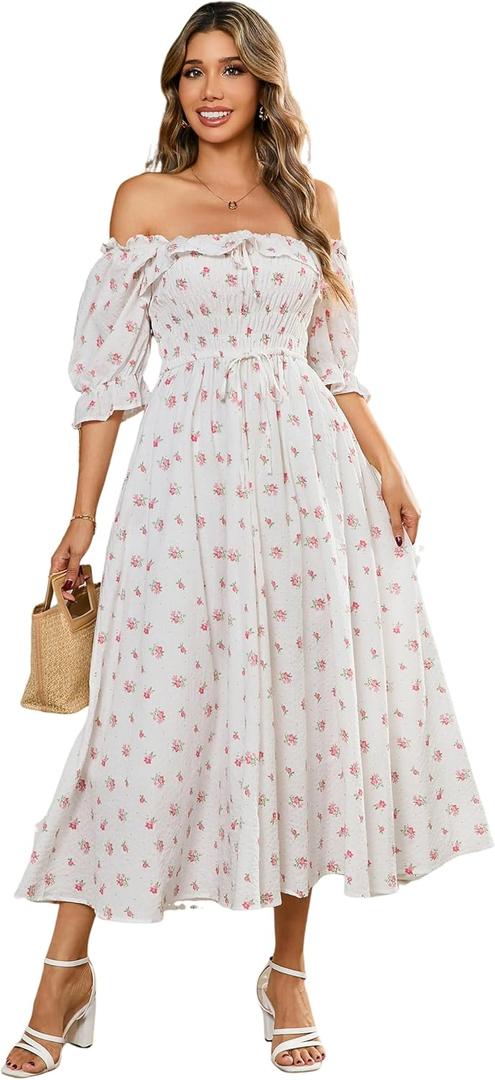 R.Vivimos Women Summer Half Sleeve Cotton Ruffled Vintage Elegant Backless A Line Flowy Long Dresses (Medium, White#2-floral)