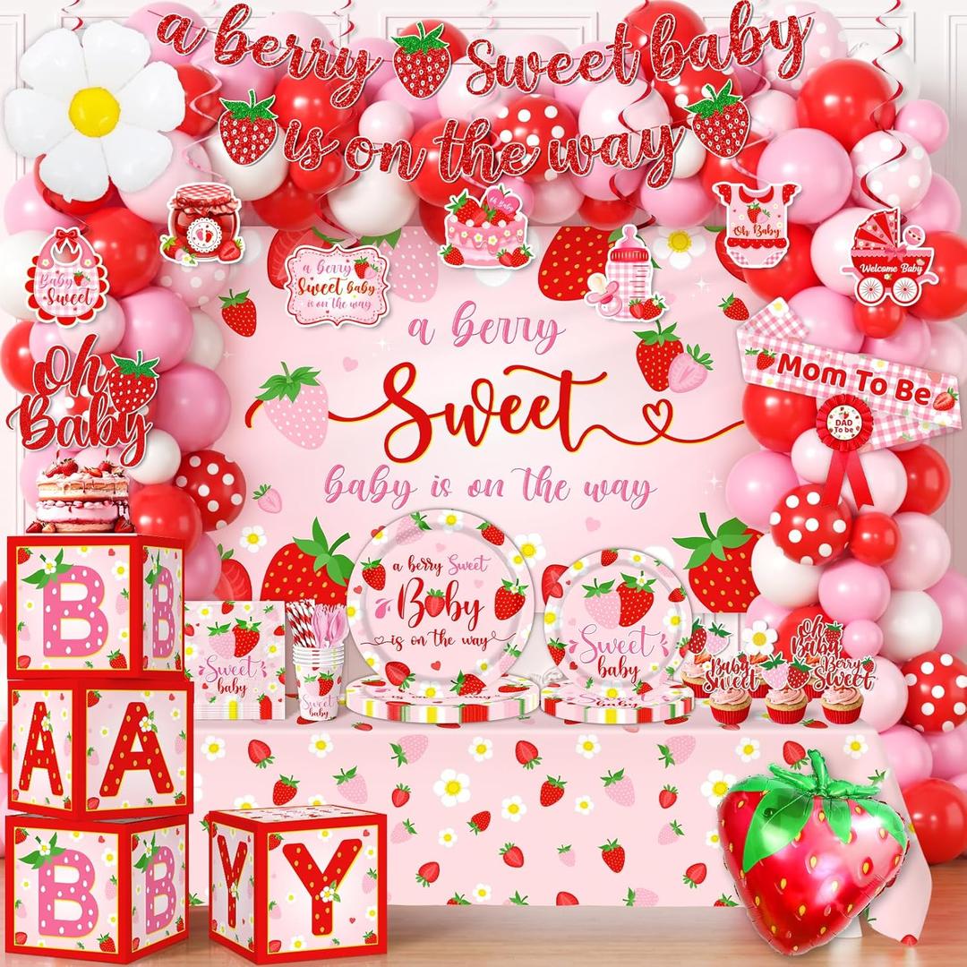 Strawberry Baby Shower Decorations, Berry Sweet Baby Shower Decorations with A Berry Sweet Baby Is On The Way Backdrop Cake Topper Strawberry Plates Balloon Arch Box for Baby Girl