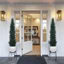 HAIHONG 5FT Artificial Cedar Topiary Trees,Faux Cedar Tree Potted Plant in Nursery Planter,Fake Plant Fake Shrubs for Outdoor Indoor Front Porch Garden Decor(Set of 2)