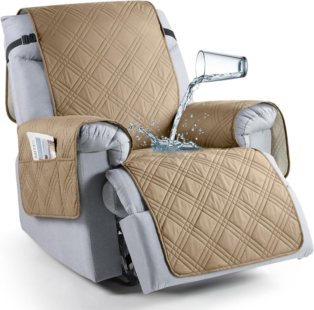 TAOCOCO Waterproof Recliner Chair Covers 30 Inch Wide, Oversized Recliner Covers for Recliner Chair with Pocket, Recliner Slipcovers with Straps Furniture Protector for Kids Pets (30'', Camel)