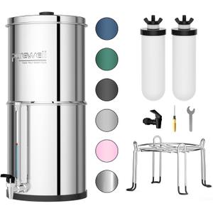 Purewell 3-Stage Gravity Fed Water Filter System, 2.25 Gallon Stainless Steel Countertop System with 2 Washable Ceramic Filters, Metal Water Level Spigot and Stand, Reduce up to 99% Chlorine, PW-OBT-K 