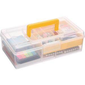 JUXYES Plastic Carry Storage Box with Removable Dividers, Clear Art Craft Supply Storage Bin Sewing Box With Handle Lid, 2 Layers Stationery Storage Case for School/Office Supplies (1 Pack, Yellow)