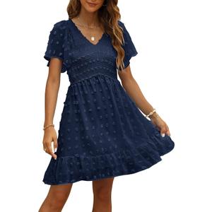 TECREW Womens Smocked Short Sleeve V Neck Mini Dress Summer Swiss Dot Flowy Short Dress (Small)