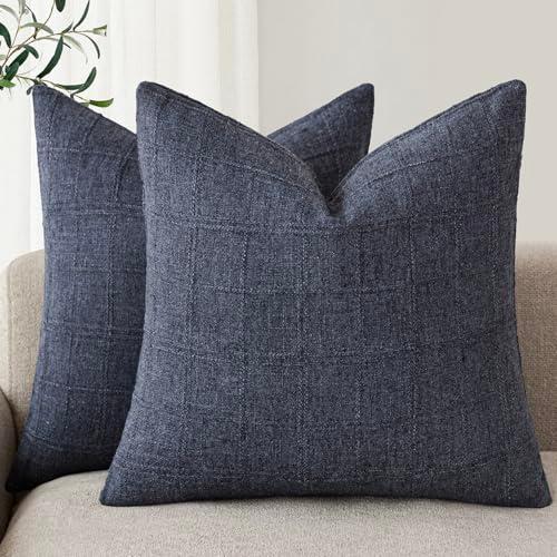 Foindtower Set of 2 Decorative Linen Check Throw Pillow Covers Neutral Farmhouse Vintage Cushion Covers Modern Boho Home Decor for Sofa Chair Couch Bedroom Living Room,18×18 Inch, Navy Blue