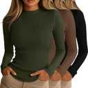 Riyiper 3 Pack Women's Ribbed Shirts, Mock Turtleneck Long Sleeve Tops Slim Fitted Undershirts Casual Basic Layering Tees (Medium, Black, Army Green, Brown)