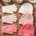 Pink Beanie Hat and Glove Set for Women Coquette Bow Beanie Bulk Y2k Winter Accessories (Multicolor)