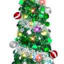 6 FT Pop Up Christmas Tree with 100 Warm White & Multicolor Lights Lights &Timer, Green Christmas Tinsel Tree, Collapsible Artificial Pencil Tree for Home Party Decor, Battery Powered, Easy Assembly