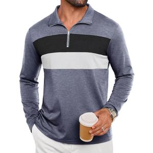 Mens Quarter Zip Polo Shirt Long Sleeve Color Block T Shirts for Men Lightweight Casual Striped Golf Polos (Medium, Grey)