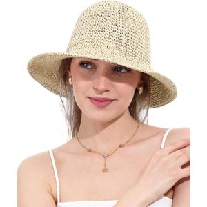 Womens Straw Sun Hat Wide Brim Hand Woven Foldable Beach  Hat for Summer Travel UV Protection UPF 50+ (Beige)