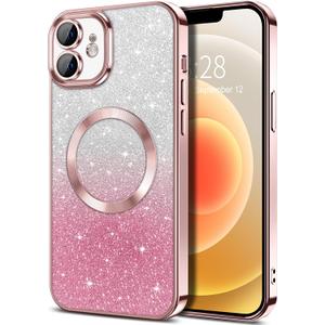 Hython for iPhone 12 Case Clear Magnetic Glitter Phone Cases [Compatible with MagSafe] Full Camera Lens Protector Slim Gradient Sparkle Luxury Plating Shockproof Protective Cover Women Girls, Pink
