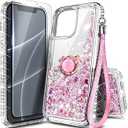 NGB Designed for iPhone 13 Mini Case, Aqua/Purple | Glitter Liquid Sparkle Cute Cover for Women Girls Kids | with Tempered Glass Screen Protector & Ring Holder & Wrist Strap