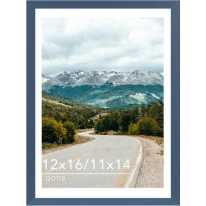 Wood 12x16 Picture Frame with 11x14 Mat Navy Blue, Display 11x14 with Mat or 12x16 Without Mat, Wood 12 by 16 Photo Frame, 12 x 16 Frame for Wall Hanging Display, Navy Blue