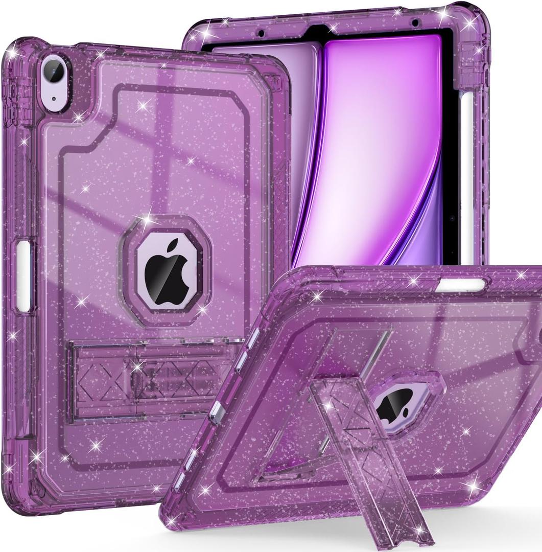 for iPad Air M3 11 Inch 7th Case 2025, for iPad Air M2 6th/5th/4th 11-inch Case 2024/2022/2020, Glitter Slim Heavy Duty Shockproof Cover with Pencil Holder Kickstand, Purple