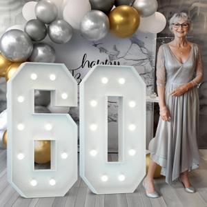 Marquee Numbers 4 Feet Tall: Large 60th Birthday Decorations for Her Him 4FT Light Up Numbers White Anniversary Party Decor Big Backdrop Foam Cardboard Number 60