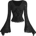 Verdusa Women's Y2K Tie Front Tops Bell Sleeve Floral Print Mesh Tops Long Sleeve Shirts 2000s Clothing (Black)