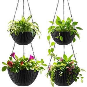 Hanging Planters for Indoor Outdoor Plants 8/10 Inch, 4 Packs Plant Hanger with Drainage Holes, Hanging Basket Flower Pot Perfect for Home, Office and Garden, Black