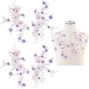PLIGREAT 4 Pcs Beaded Applique Patches Flowers Embroidered Lace Appliques, Decorative Sewing On Lace Fabric Appliques for DIY Brides Dress Prom Dresses Wedding Clothes Decor Lace Dress Accessories