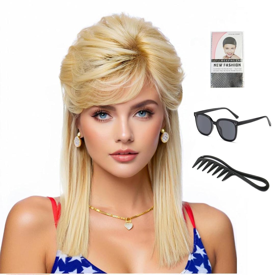 Adequate 80s Retro Layered Wig, Brown Highlighted, Voluminous Teased Style, Medium Length, Synthetic, Women's Costume (light blonde)