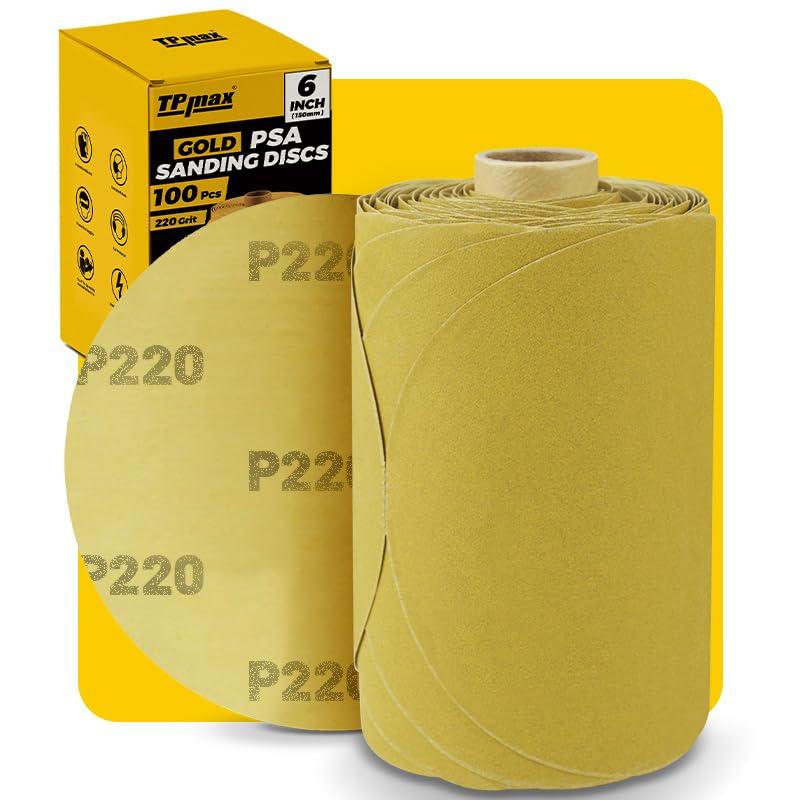 100PCS 6 Inch PSA Sanding Discs 220 Grit Self-Adhesive Sandpaper Roll for DA Sanders, Orbital Sanders Gold Aluminum Oxide Sticky Back Abrasive Discs for Automotive, Woodworking, and Metal Polishing