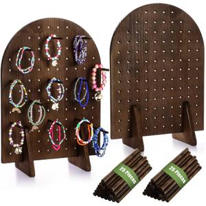 2 Sets Keychain Display Stand Wooden Pegboard Display Stand with 25 Pcs Dowel Rods Oval Bracelet Organizer Holder for Jewelry, Craft Shows, Necklace, Selling, 15.75" x 11.81" (Dark Brown)