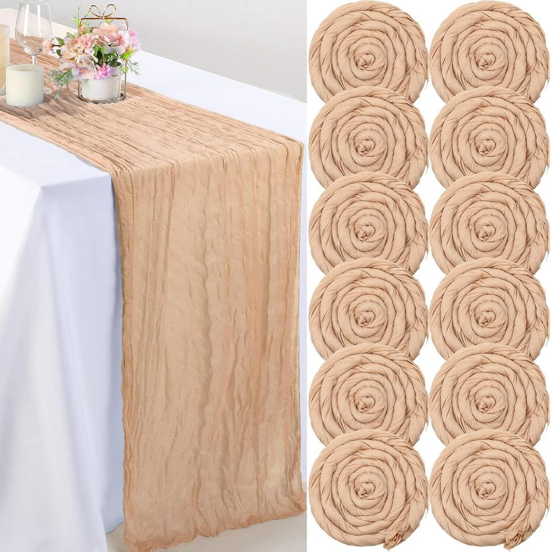 Foaincore 12 Pack Cheesecloth Table Runner 13Ft Boho Gauze Table Runner Rustic 157" Long Cheese Cloth Romantic for Wedding Bridal Baby Shower Arbor Decor(Champagne) (21.5 x 157 Inch)