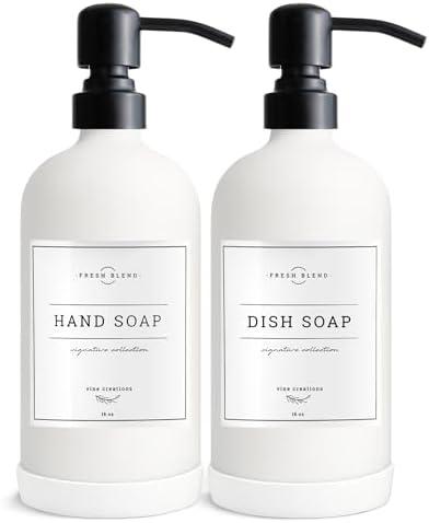 Vine Creations White Glass Soap Dispenser, 2 Pack Kitchen Soap Dispenser Set with Stainless Steel Pump, 16 oz Dish Soap and Hand Soap Dispensers for Bathroom with Waterproof Labels