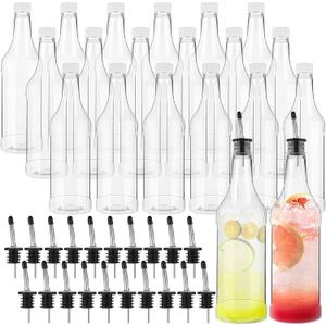 Dandat 40 Pcs 32 oz Plastic Long Neck Bottles with Pourer and Caps Plastic Juice Pour Bottles with Stainless Steel Pourer Tapered Spout for Liquor Juice Store (Sliver)