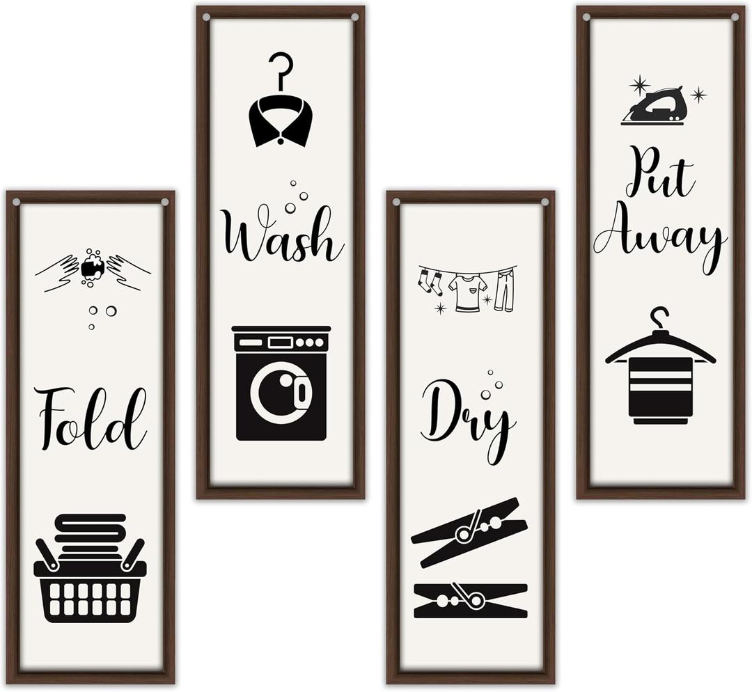 4 Pcs Laundry Room Decor, Put Away Fold Wash Dry Decor Wooden Sign, Funny Minimalist Laundry Wooden Hanging Sign, Laundry Wall Art For Laundry Bathroom Restroom Washroom Home Farmhouse A24