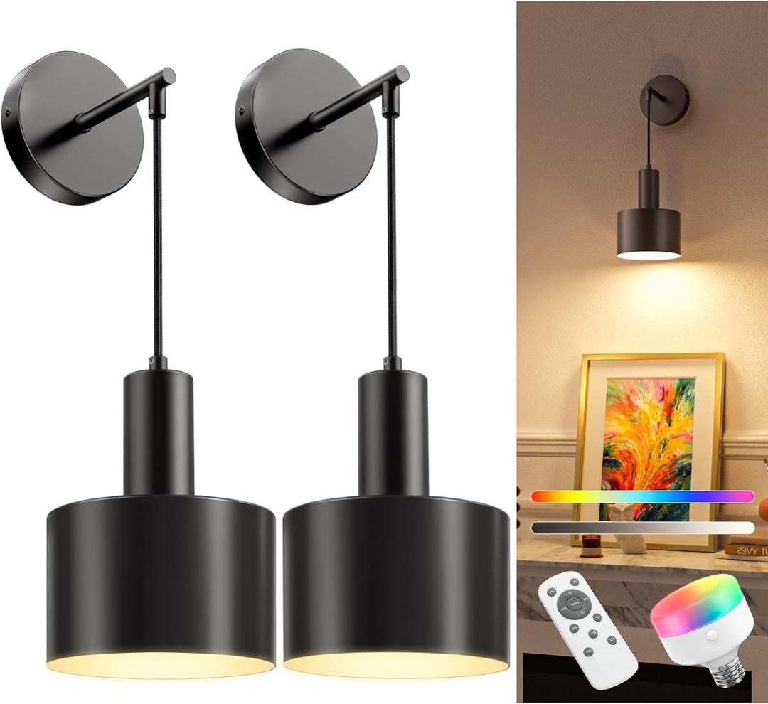 NIORSUN Battery Operated Wall Sconce Set of 2, Black Wireless Rechargeable Wall Lights with 5200mAh Dimmable Detachable Bulbs and Remote, 9 Colors Sconces Wall Decor for Bedroom Living Room Hallway