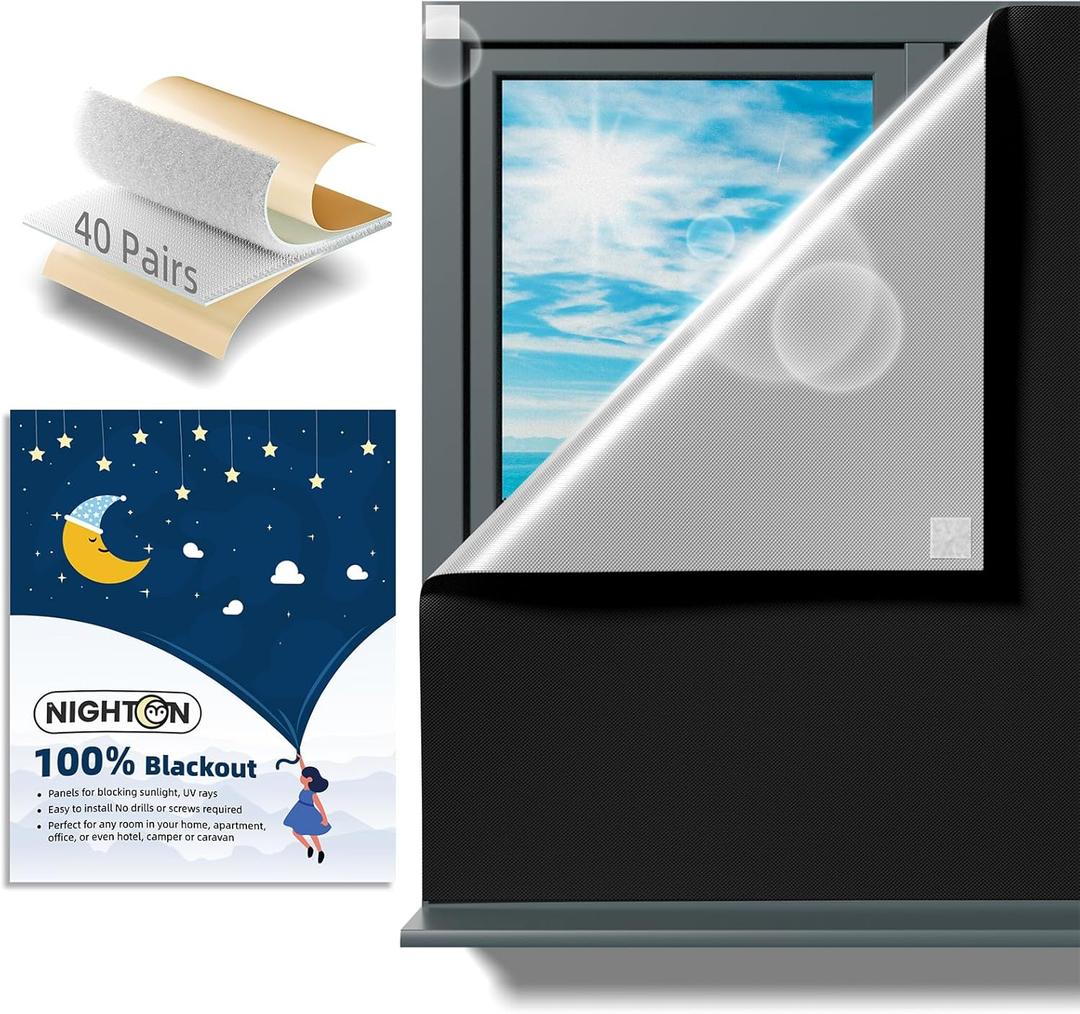 NIGHTON Portable Blackout Curtains 71"×57" Strong Hook and Loop Tape Strips with Adhesive, Black out Shades That can be Cut, 100% Blackout Material Blackout Blinds for Baby Nursery or Travel-Black 2Pack