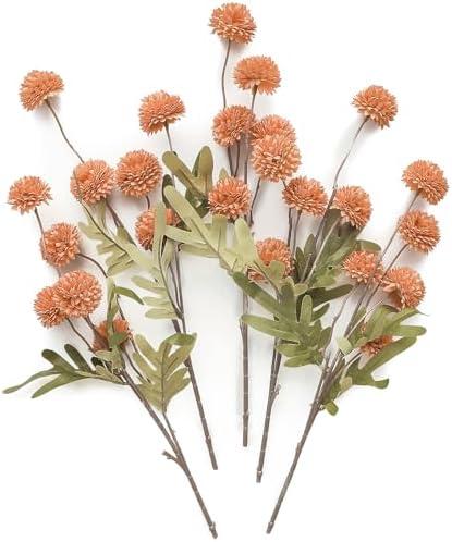 Floroom 5pcs Faux Silk Pompon Mum Artificial Flowers, Bulk Fake Mini Chrysanthemums with Stems for DIY Bouquet Centerpieces Wedding Fillers Terracotta Arrangements Shower Decorations, Burnt Orange