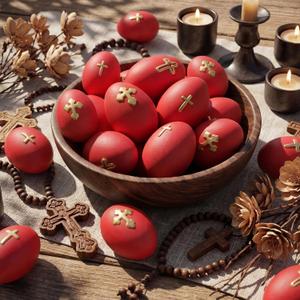 CroBlissful 12 Pcs Ceramic Traditional Greek Orthodox Easter Red Eggs Religious Cross Painted Red Eggs Ukrainian Basket Gift for Holy Saturday Egg Hunt Crafts Bowl Basket Fillers Home Party Decor