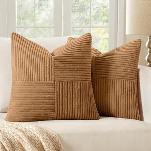 MIULEE Brown Corduroy Pillow Covers Pack of 2 Boho Decorative Spliced Throw Pillow Covers Soft Solid Couch Pillowcases Cross Patchwork Textured Cushion Covers for Living Room Bed Sofa 18x18 inch