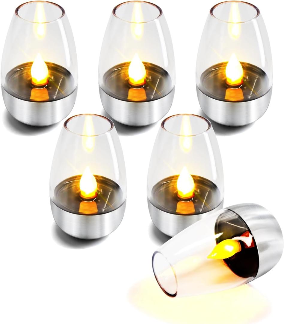 ISUNMEA Solar Outdoor Waterproof Flickering Flameless Candles - 6 Pack Rechargeable LED Battery Operated Fake Faux Tea Lights for Wedding, Home, Party, Garden Decor