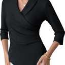 GRACE KARIN Women Dressy Wrap Work Tops,V Neck Business Casual Blouses, 3/4 Sleeve Ruched Elegant Shirts (Small, Black)