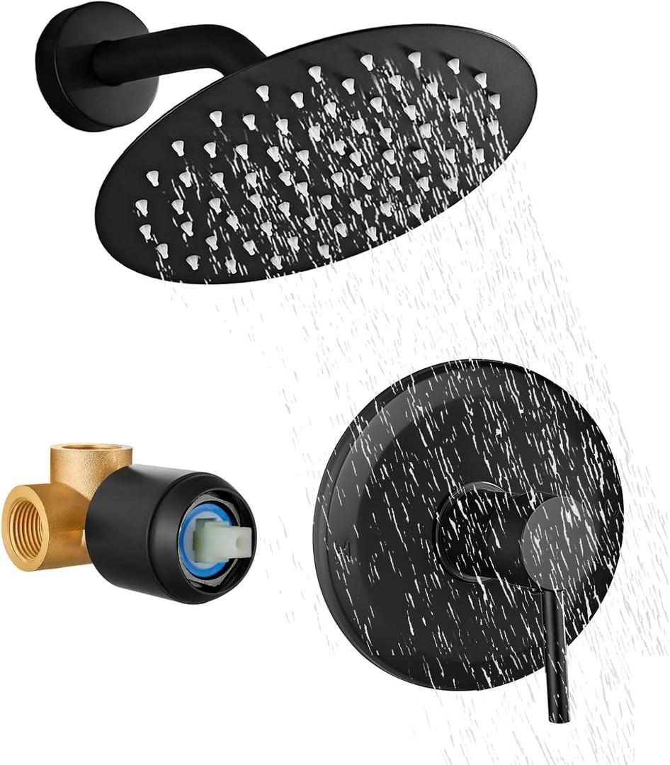 HUCKLE Shower Faucet Set with Shower Head, 8-Inch Black Shower Faucet with Valve, Single-Handle Rainfall Shower Head, Matte Black Shower Head for Bathroom