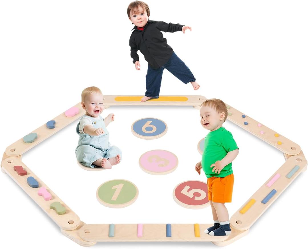 Kids Wooden Toddler Balancing Beam, 6 PCS Toddler Waldorf and Montessori Balance Board, Motor Skill Stepping Toy for Kids 3-5 Years, Gymnastic Obstacle Training Tools